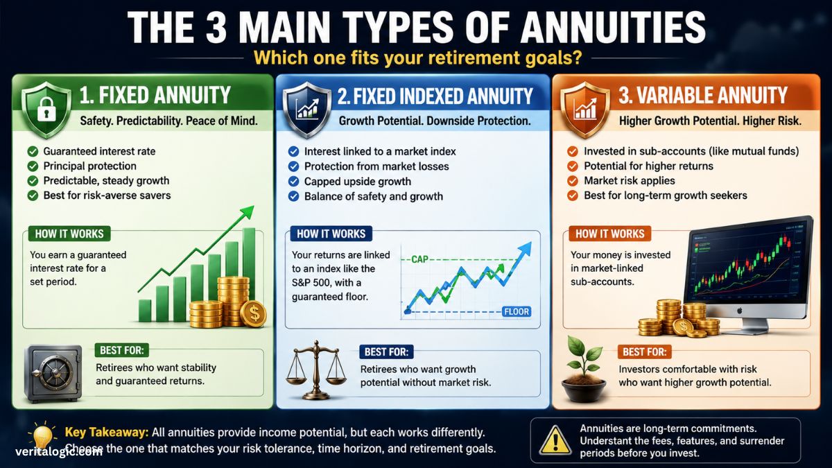 Three main types of annuities compared for retirement savings safety including fixed annuity fixed indexed annuity and variable annuity with principal protection and growth potential differences explained