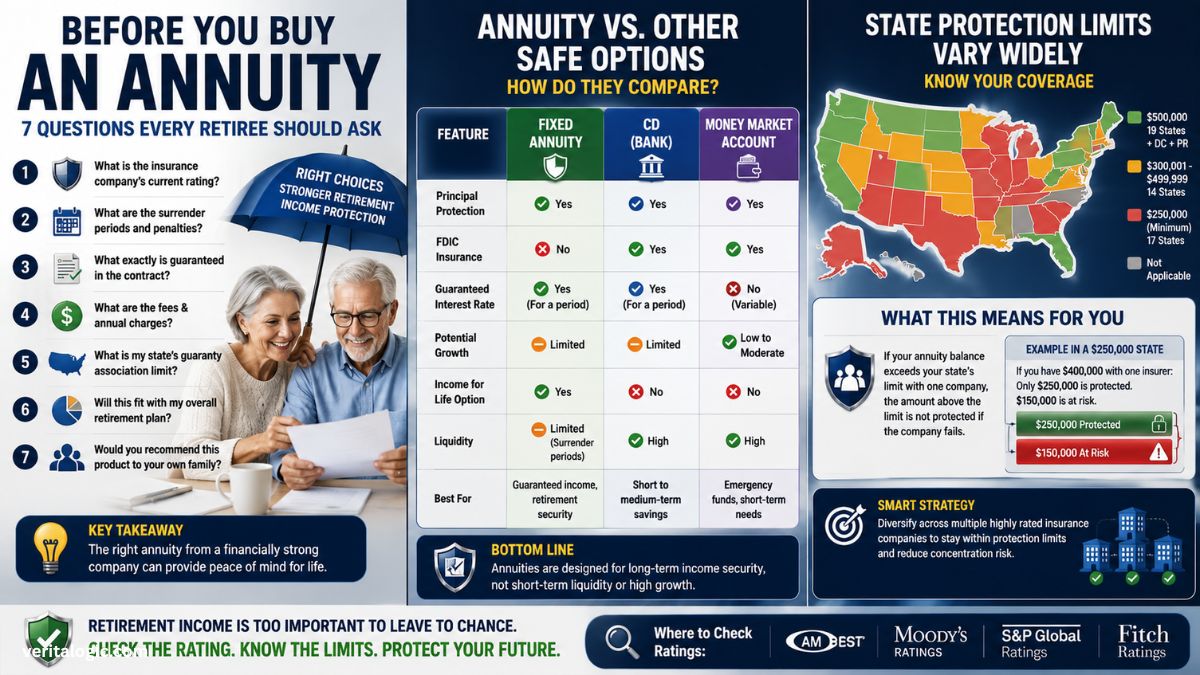 Seven questions to ask before buying an annuity for retirement savings safety with comparison table of fixed annuity versus CD versus money market account showing FDIC insurance and guaranteed income differences