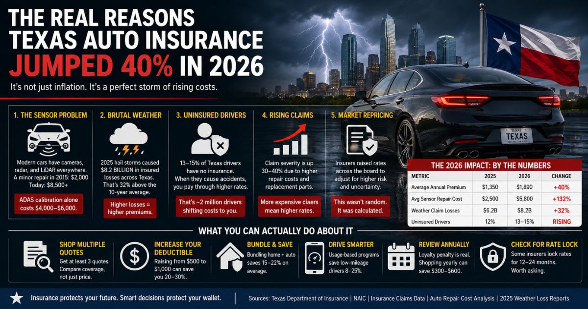 Texas auto insurance rates are driven by a perfect storm of rising repair costs, severe weather, and an increase in uninsured drivers in 2026.