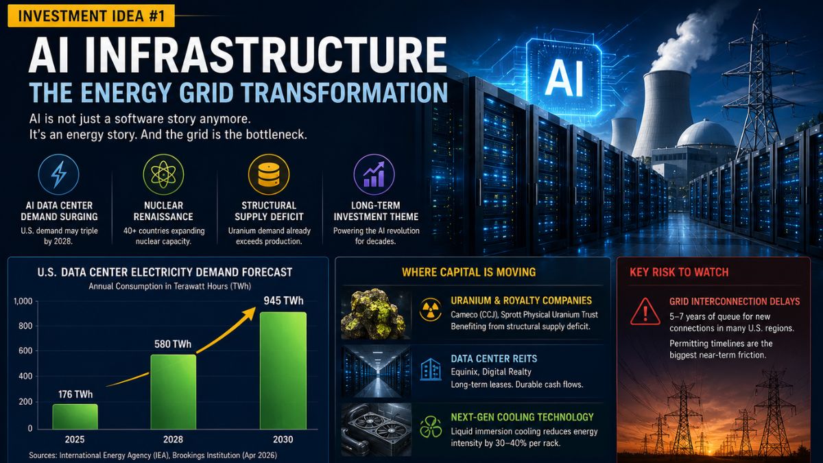 AI infrastructure investment idea 2026 showing US data center electricity demand forecast from 176 TWh to 580 TWh by 2028 and 945 TWh globally by 2030 with uranium nuclear renaissance thesis