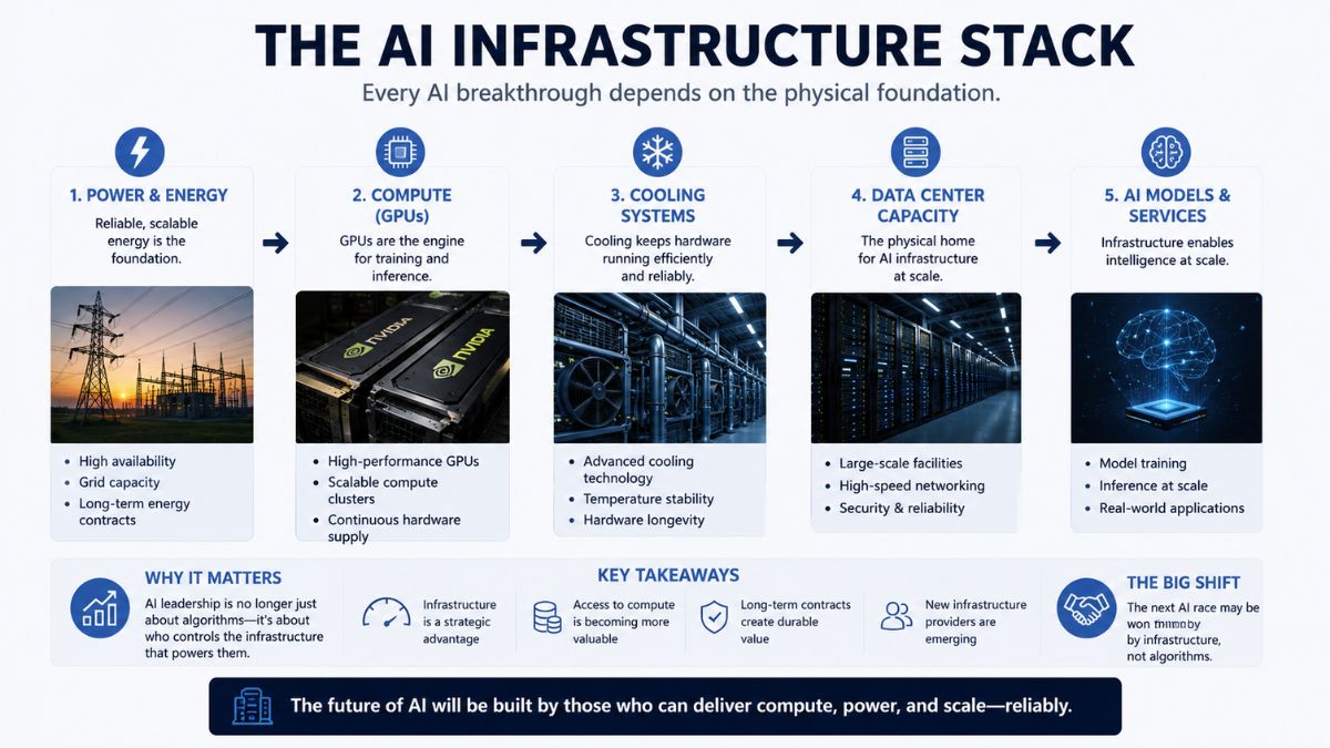 Diagram showing the five layers of AI infrastructure stack: power 
and energy, GPU compute, cooling systems, data center capacity, 
and AI models and services. Each layer flows into the next, showing 
how infrastructure enables AI at scale.