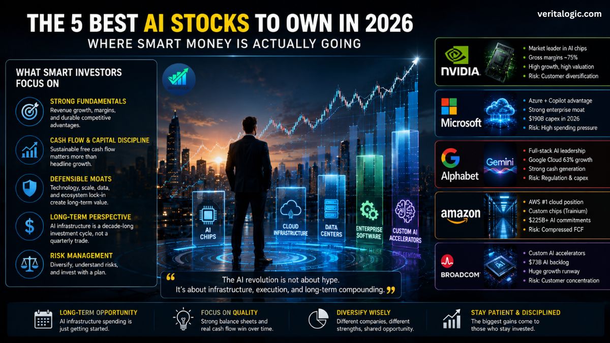 What smart investors focus on when choosing best AI stocks 2026 including strong fundamentals cash flow capital discipline defensible moats with company comparison cards for Nvidia Microsoft Alphabet Amazon and Broadcom risks