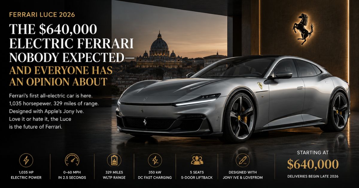 Ferrari Luce 2026 electric car priced at $640,000 unveiled in Rome with 1,050 horsepower Jony Ive LoveFrom design and 330 miles WLTP range making it Ferrari's first all-electric vehicle
