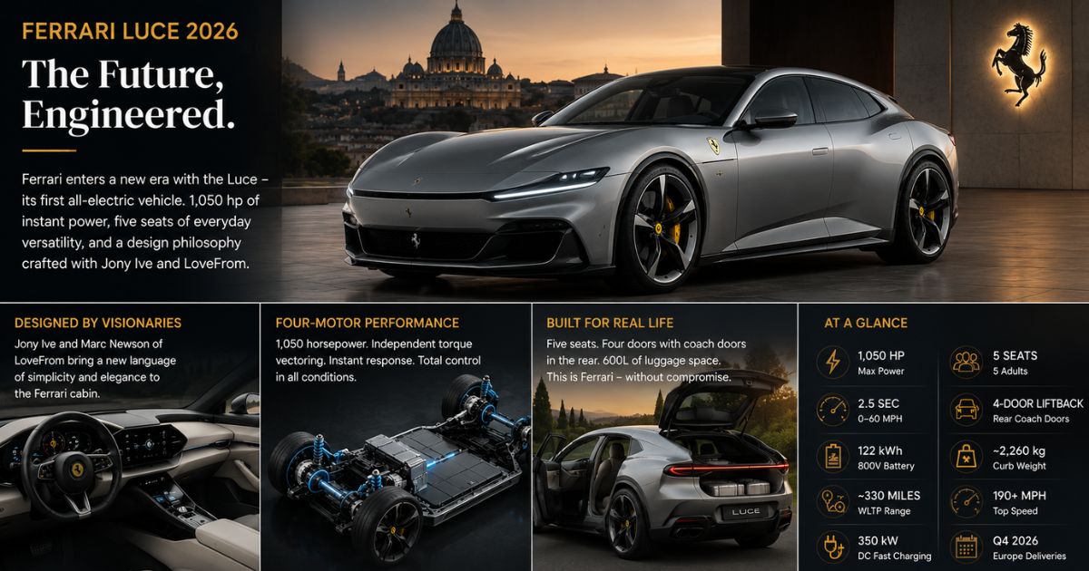 Ferrari Luce 2026 the future engineered infographic showing complete electric Ferrari design with Rome skyline Jony Ive LoveFrom interior four-motor performance platform and Q4 2026 European delivery timeline