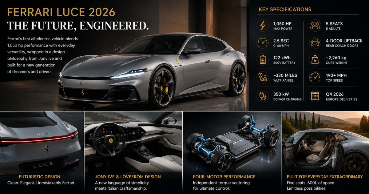 Ferrari Luce 2026 technical specifications infographic showing 1,050 horsepower 122 kWh 800-volt battery 330 miles WLTP range with interior designed by Jony Ive LoveFrom four-motor chassis and 600 litre boot space