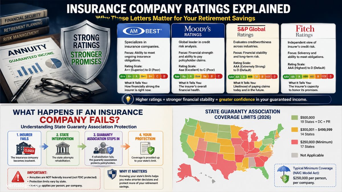 Insurance company ratings explained for retirement savings safety with AM Best Moodys S&P Global Fitch comparison and state guaranty association coverage limits map showing 250000 to 500000 dollar protection by state 2026