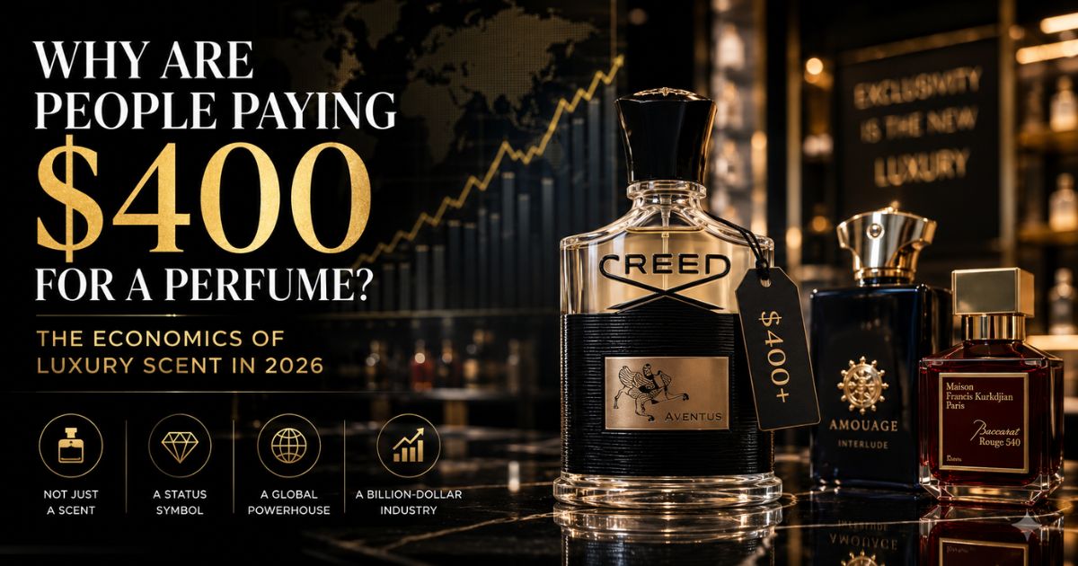 luxury perfume market bottles including Creed Aventus Amouage and Baccarat Rouge 540 priced at $400 plus representing the economics of luxury scent market in 2026 as a status symbol and global billion dollar industry