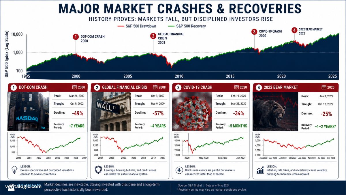 Historical market crashes and recoveries showing long-term stock market resilience