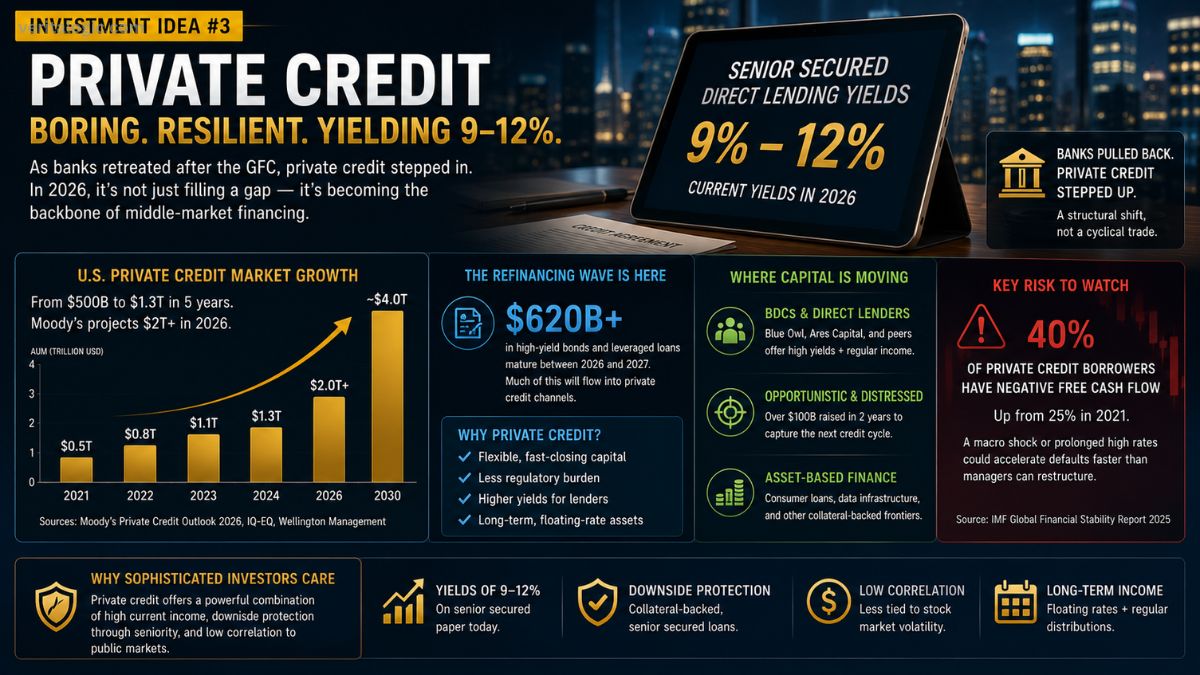 Private credit investment 2026 showing market growth from 500 billion to 1.3 trillion with senior secured direct lending yields of 9 to 12 percent and 620 billion refinancing wave
