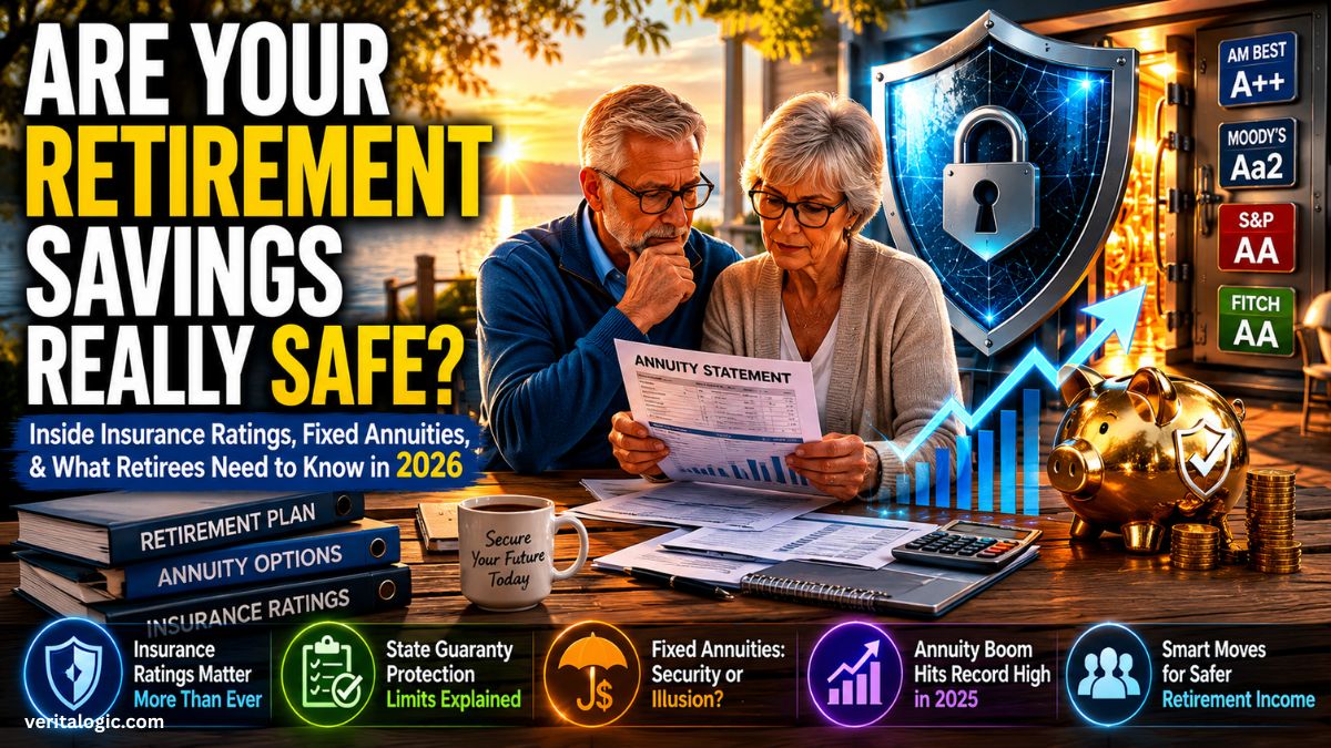 Retirement savings safety guide 2026 showing couple reviewing annuity statement with insurance company ratings AM Best Moodys S&P Global and Fitch displayed for fixed annuity protection