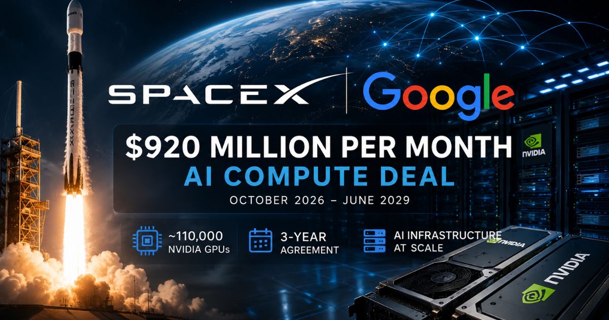 SpaceX and Google logos with text showing $920 million per month 
AI compute deal from October 2026 to June 2029. Includes 110,000 
NVIDIA GPUs and AI infrastructure at scale. Features SpaceX Falcon 
rocket, data center, and GPU imagery.