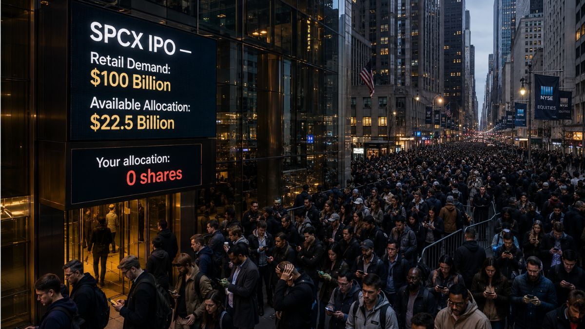 Editorial illustration of SpaceX SPCX IPO retail investor allocation crisis. Crowd of investors outside financial district building. Digital display: Retail Demand $100B, Available Allocation $22.5B, Your allocation: 0 shares. Represents oversubscription reality of June 2026 SpaceX IPO. Thousands of retail investors queuing outside NYSE building for SpaceX IPO allocation with digital board showing $100 billion retail demand against $22.5 billion available allocation and zero shares allocated message