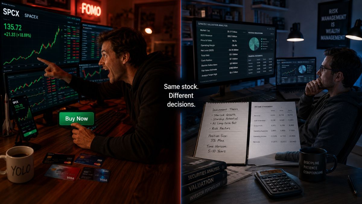 Split-screen investor decision illustration for SpaceX IPO article. Left: emotional FOMO investor with YOLO mug, credit cards, Buy Now button, SPCX chart +18.69%. Right: strategic investor with investment thesis notebook (Starlink Growth, Position Size 3% Max, Time Horizon 5-10 Years), valuation spreadsheet, Securities Analysis book. Center text: "Same stock. Different decisions. Split screen comparison showing emotional FOMO investor clicking buy on SpaceX SPCX stock versus strategic investor reviewing valuation analysis, position sizing notes, and 5 to 10 year time horizon before making an informed investment decision