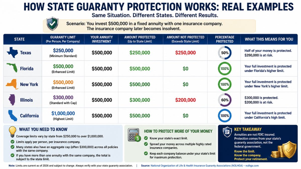State guaranty protection real example showing 500000 dollar annuity investment outcomes in Texas Florida New York Illinois California with percentage protected if insurance company becomes insolvent 2026