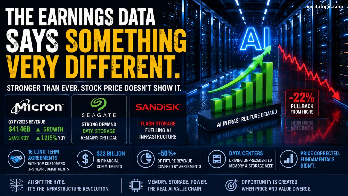 Mean reversion setup in Micron Seagate and Sandisk AI stocks showing green AI infrastructure demand growth rising while stock price shows 22 percent pullback with earnings fundamentals remaining intact including 16 long-term agreements and 22 billion dollars in customer commitments 2026