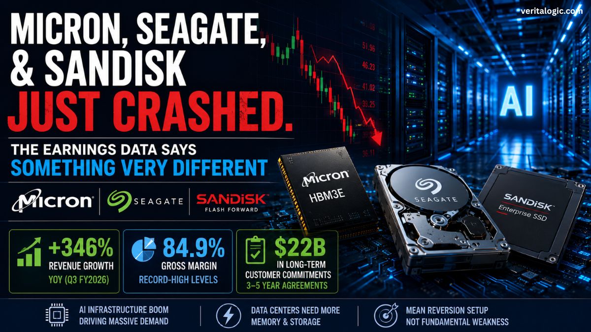 Micron Seagate and Sandisk AI storage stocks showing 346 percent revenue growth 84.9 percent gross margin and 22 billion dollars in long-term customer commitments despite stock price pullback July 2026
