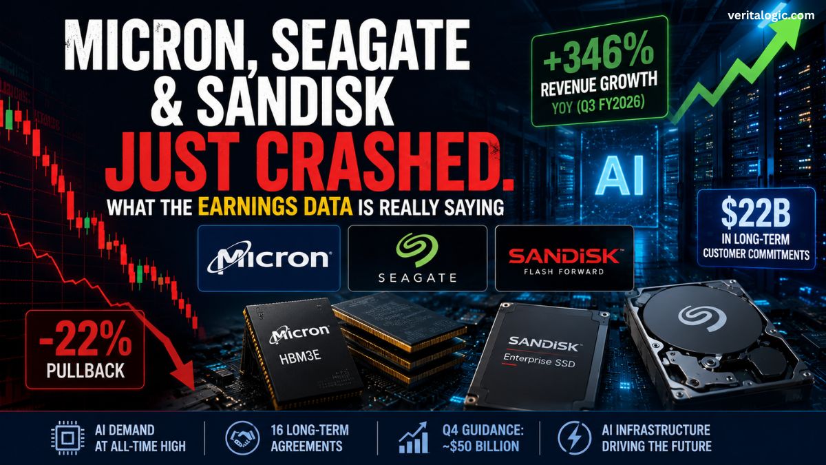 Micron Seagate Sandisk stocks showing 22 percent pullback from highs alongside 346 percent revenue growth 22 billion dollars in long-term commitments Q4 FY2026 guidance of approximately 50 billion dollars and 16 long-term agreements with AI demand at all-time high July 2026
